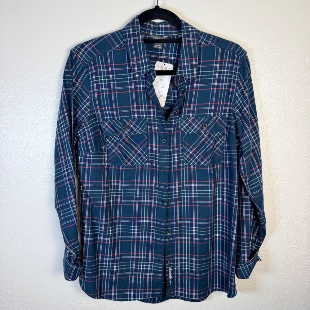 New Eddie Bauer Women M Firelight Flannel Shirt Deep Teal Plaid Cotton Tencel